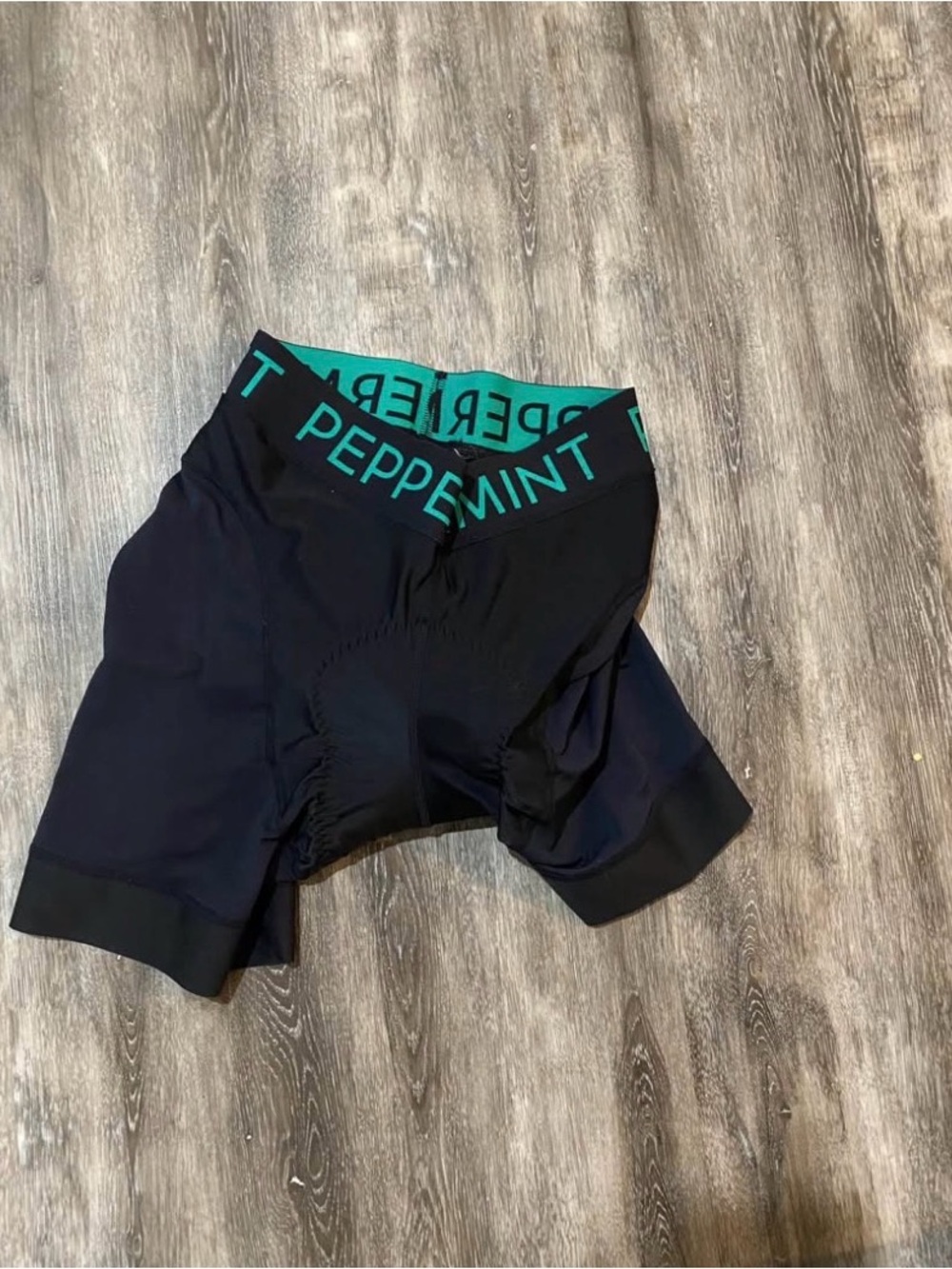 Peppermint Black Bike Shorts with Teal Logo Waistband